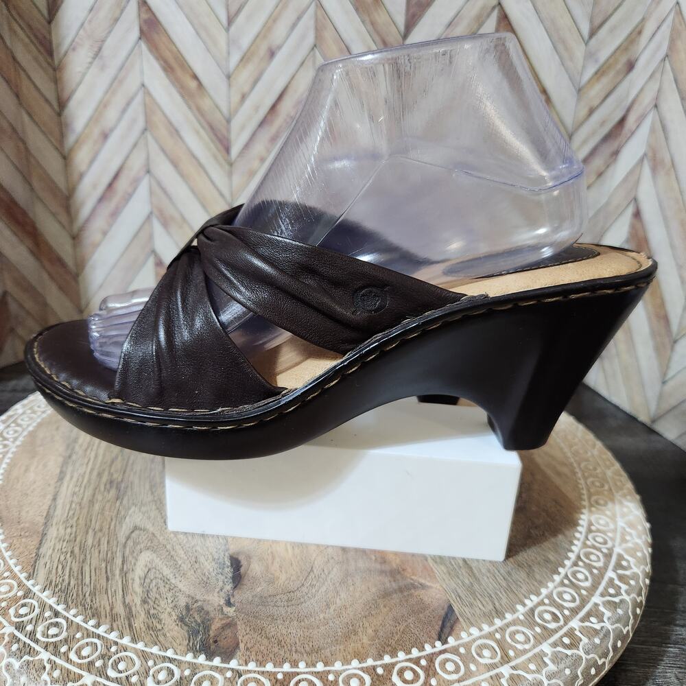 Born Clog Sandals Wedge Heel W6516 Brown Ruched‎ Leather Slip On Women's 10
